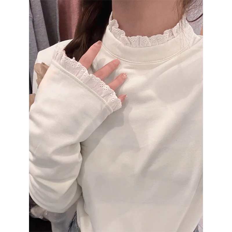蕾丝花边拼接半高领内搭长袖T恤女秋冬季新款设计感德绒打底上衣