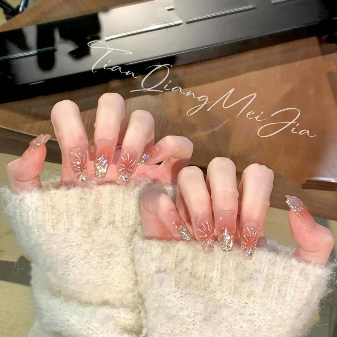 【烟花精灵】爆闪香槟碎砖渐变款/纯手工穿戴甲可穿戴美甲