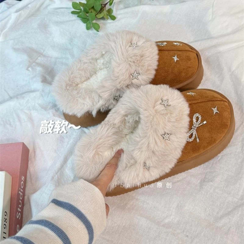2025闪钻毛毛棉拖鞋女冬厚底外穿家居一脚蹬蝴蝶结拖鞋保暖雪地靴