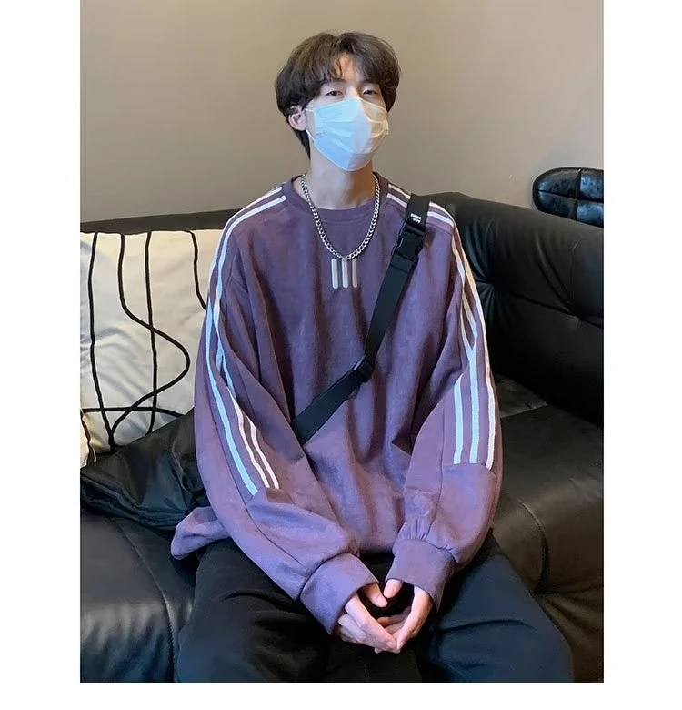 新款圆领卫衣男潮牌春秋季宽松条纹美式复古青少年上衣外套