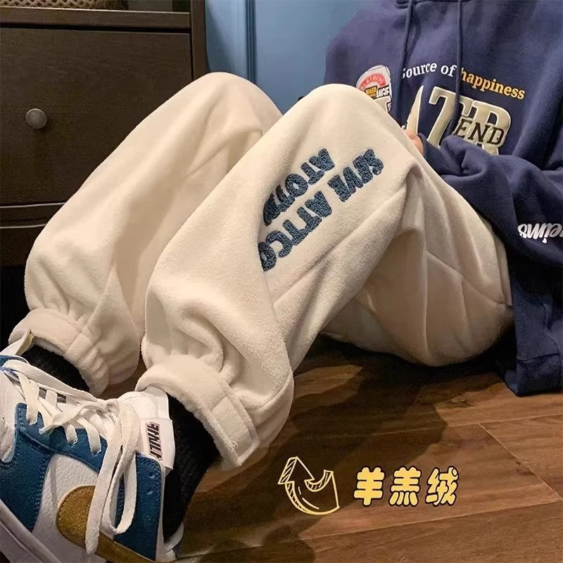 羊羔绒卫裤男秋冬季美式高街重磅束脚运动裤子加绒厚潮牌休闲长裤