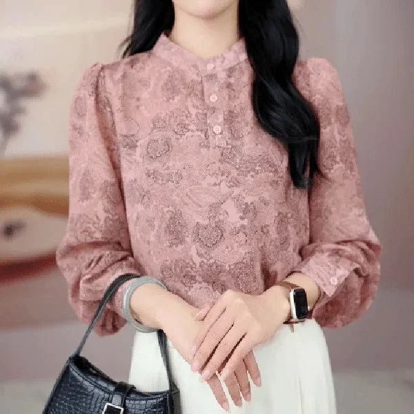 衬衫女长袖秋季新款印花减龄宽松舒适显瘦小衫