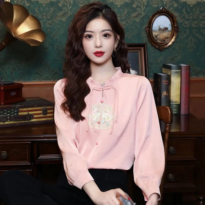 短袖/长袖新中式国风刺绣盘扣女小衫新款大码洋气衬衣设计感上衣