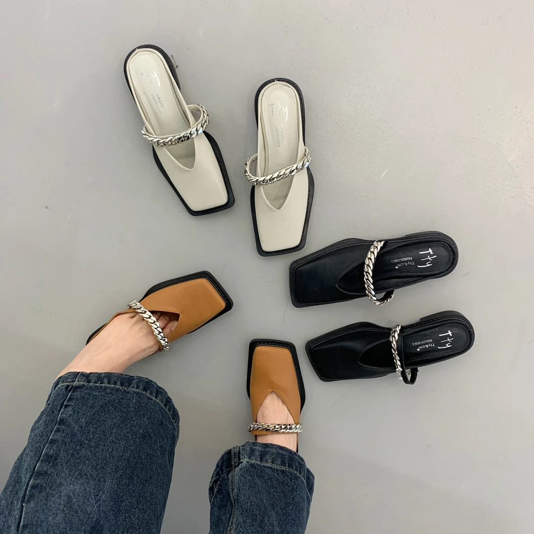 平底黑色包头半拖鞋女鞋子外穿2024新款夏季半托小皮鞋复古穆勒鞋