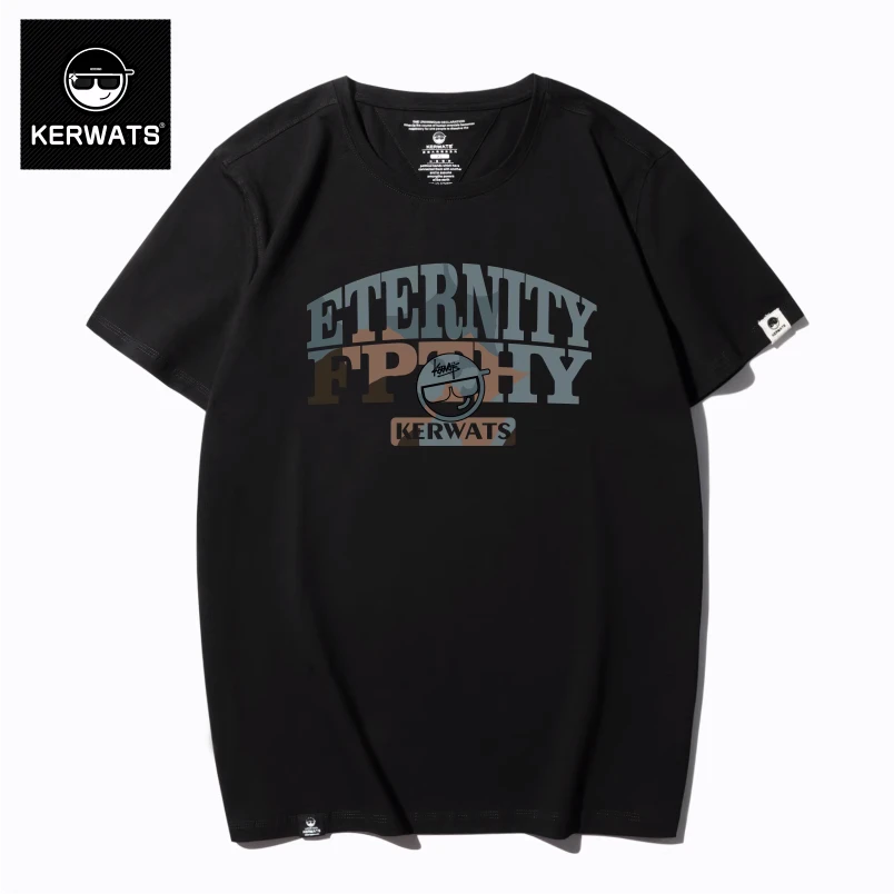 KERWATS圆领潮牌美式复古英文印花t恤加肥加大新款宽松夏季短袖男