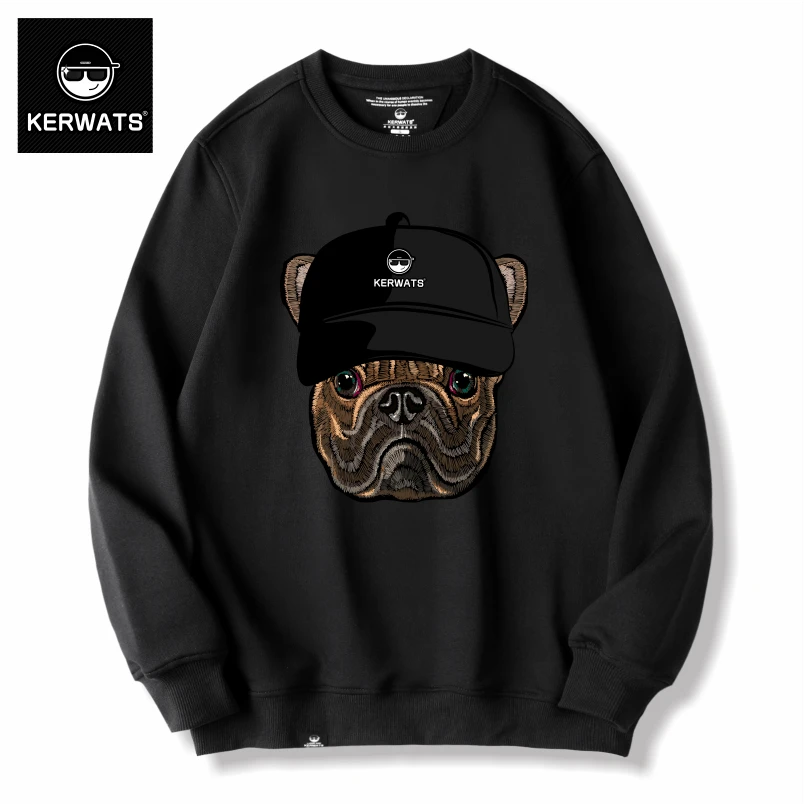 KERWATS春秋新款创意斗牛犬印花休闲卫衣圆领套头秋大码卫衣男女