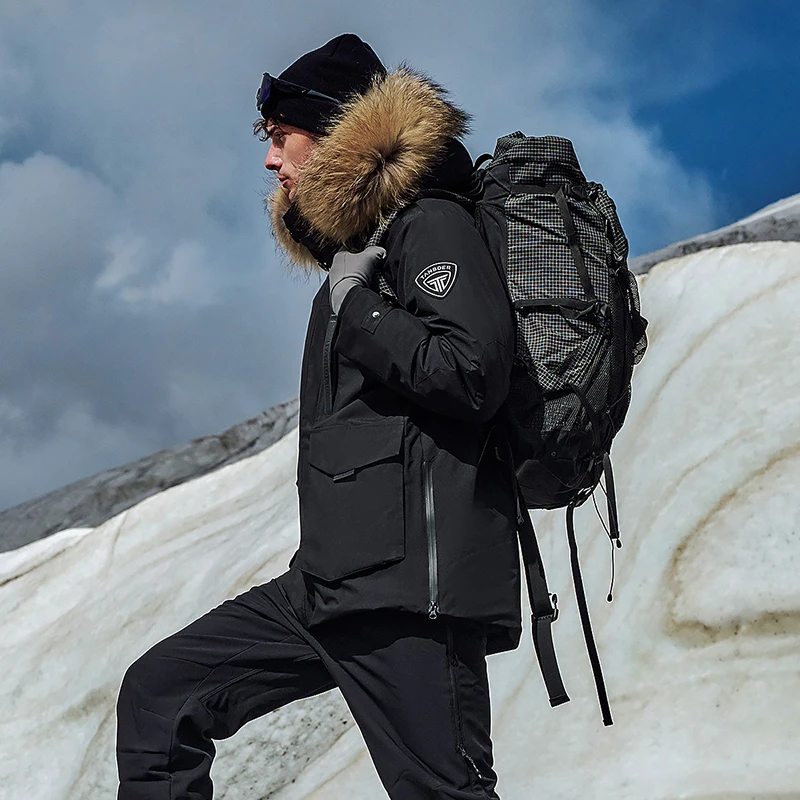 坦博尔新款秋冬中长工装大毛领男女同款羽绒服TEF560535D