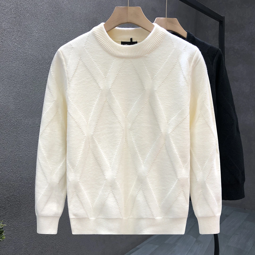 出口品质高端米白色重磅毛衣男潮牌保暖针织衫2024新款男士打底衫