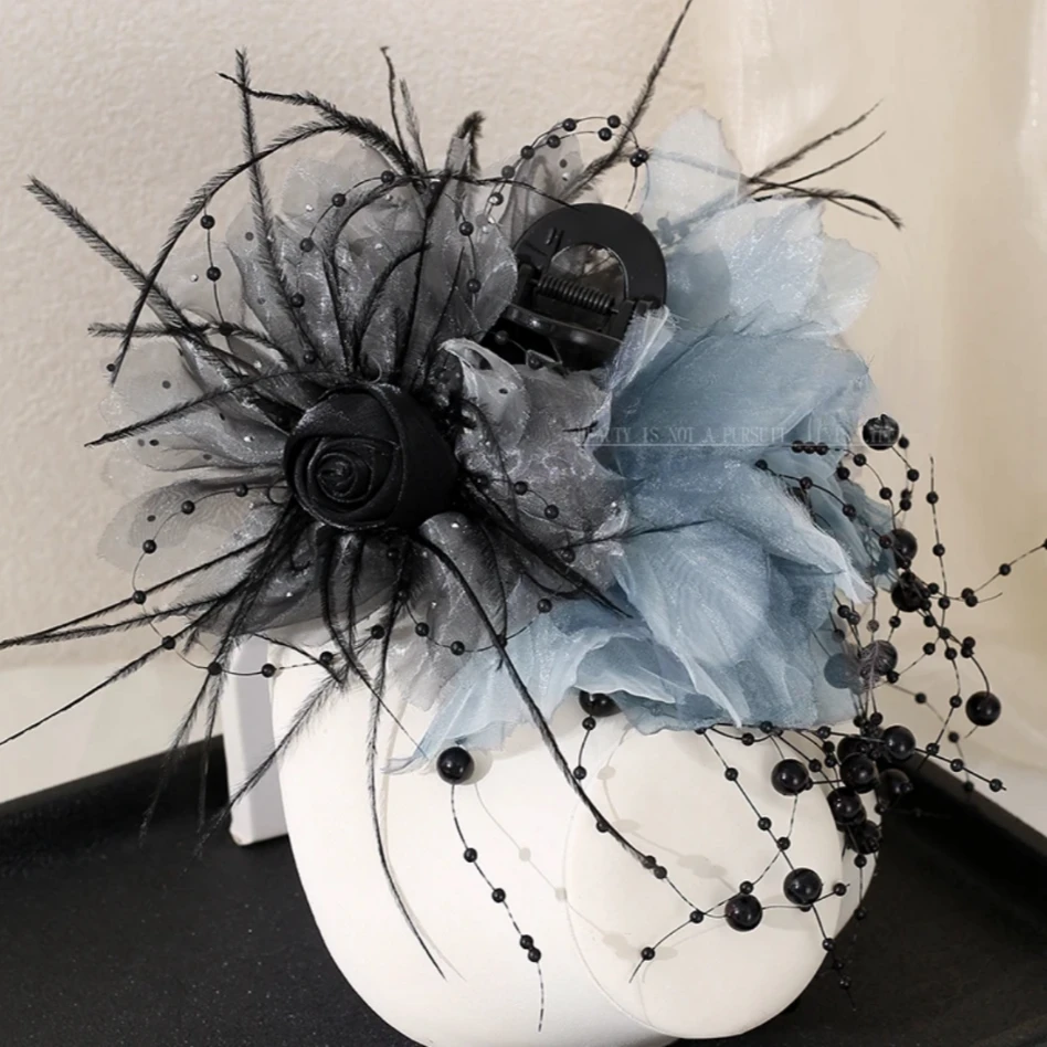 (玫瑰之泪）夏日定制玫瑰薄纱羽毛流苏抓夹半扎发盘发鲨鱼夹F009