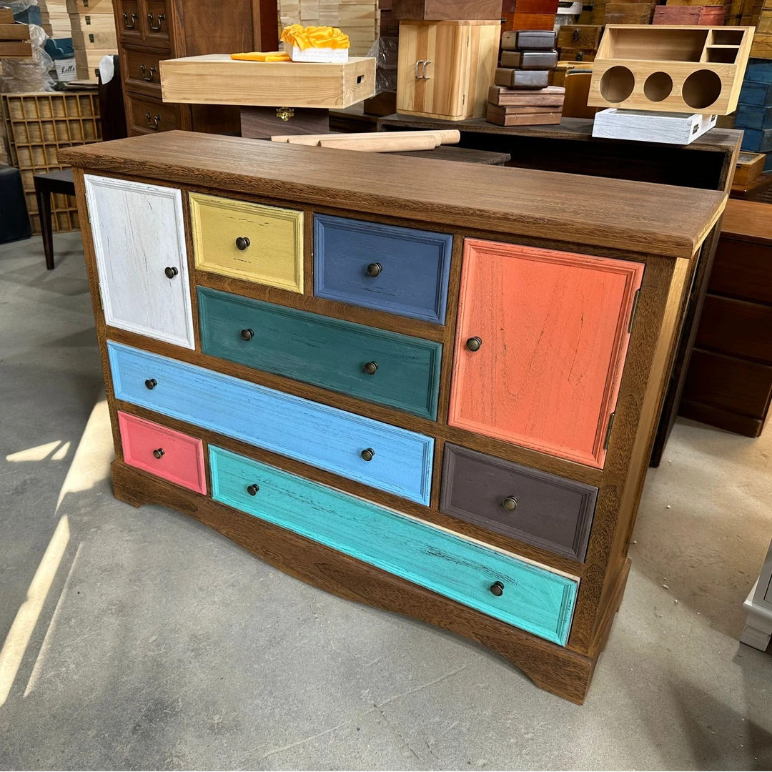 F1809彩色七抽两门梧桐木整理储物收纳柜