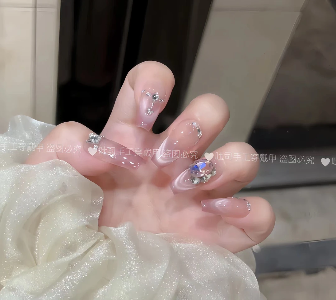 【紫霞仙子】手工穿戴甲蝴蝶超亮翠绿猫眼高级气质显白美甲贴SD
