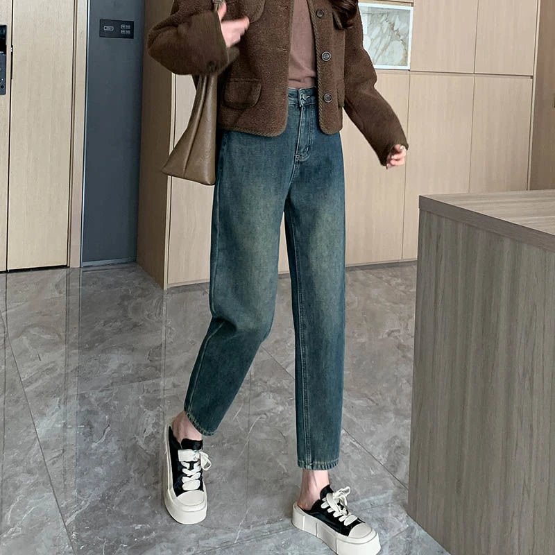 150小个子加绒牛仔裤女冬季哈伦裤145八分显高窄版直筒老爹裤xxs