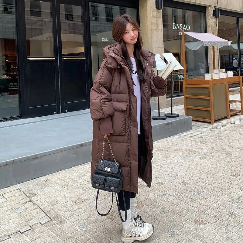 24白新款冬中长款大口袋加厚连帽过膝宽松保暖女士百搭显瘦时尚