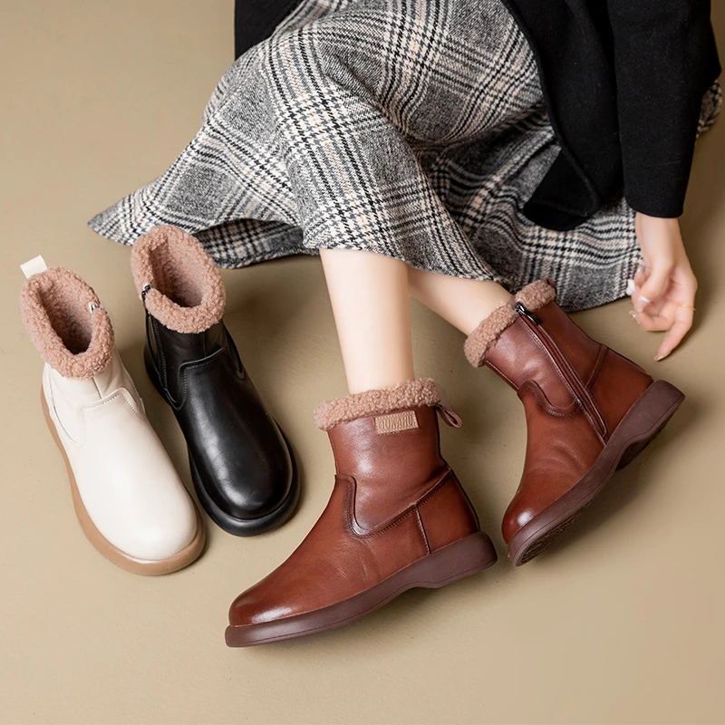 23888 秋冬真皮雪地靴加绒短靴保暖舒适妈妈鞋中老年加厚棉鞋女靴