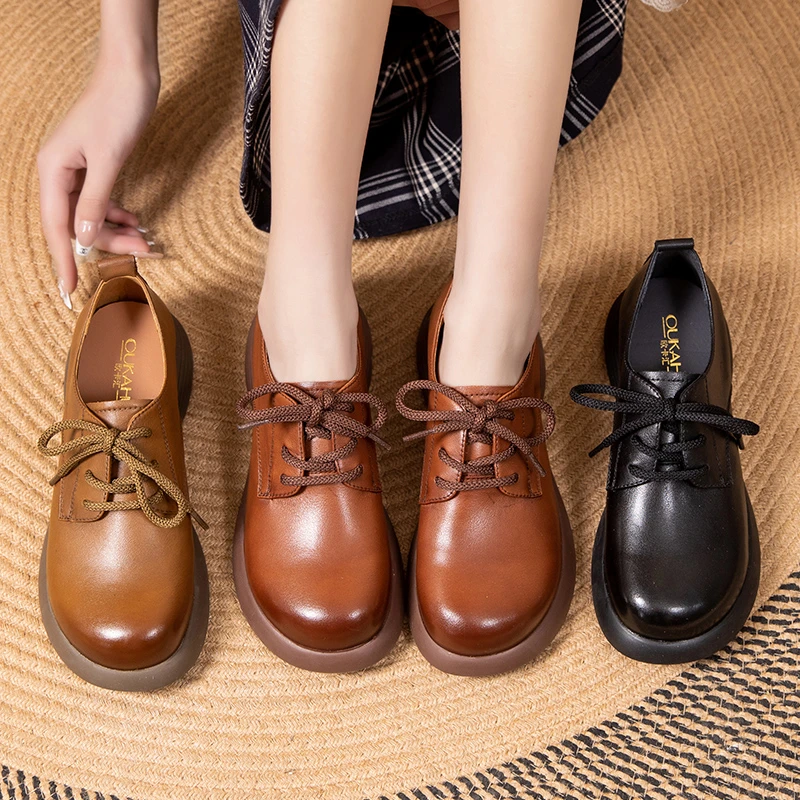 5915   春季新款中老年真皮妈妈防滑单鞋百搭舒适休闲女鞋系带鞋