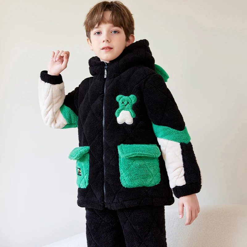 【中大童三层夹棉】儿童睡衣卡通冬季加厚款男童珊瑚绒男孩冬款保暖