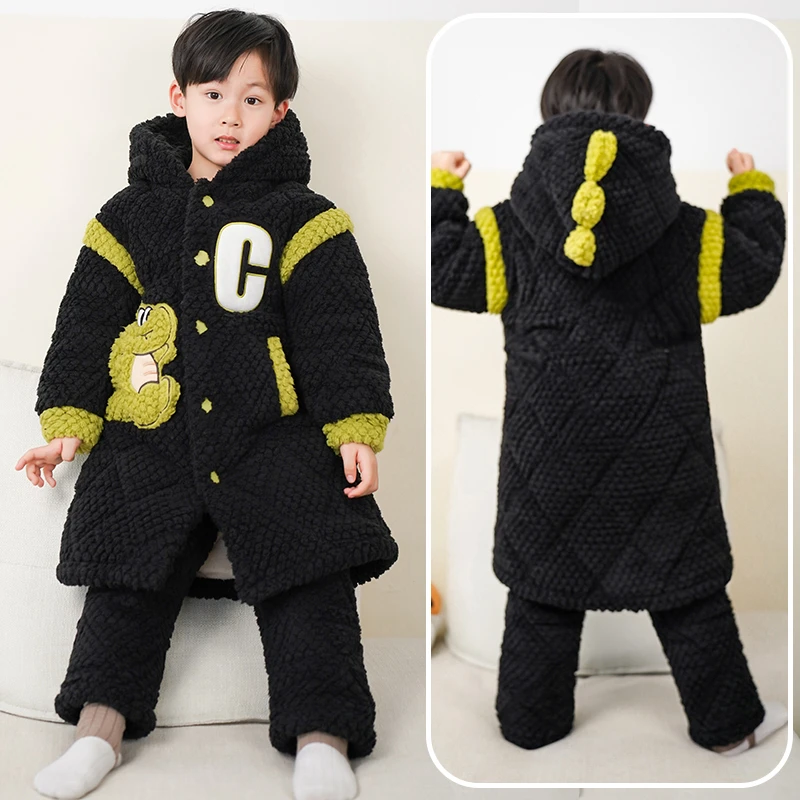 【三层夹棉】儿童睡衣冬季加厚款男童珊瑚绒男孩冬儿童睡袍冬款加厚