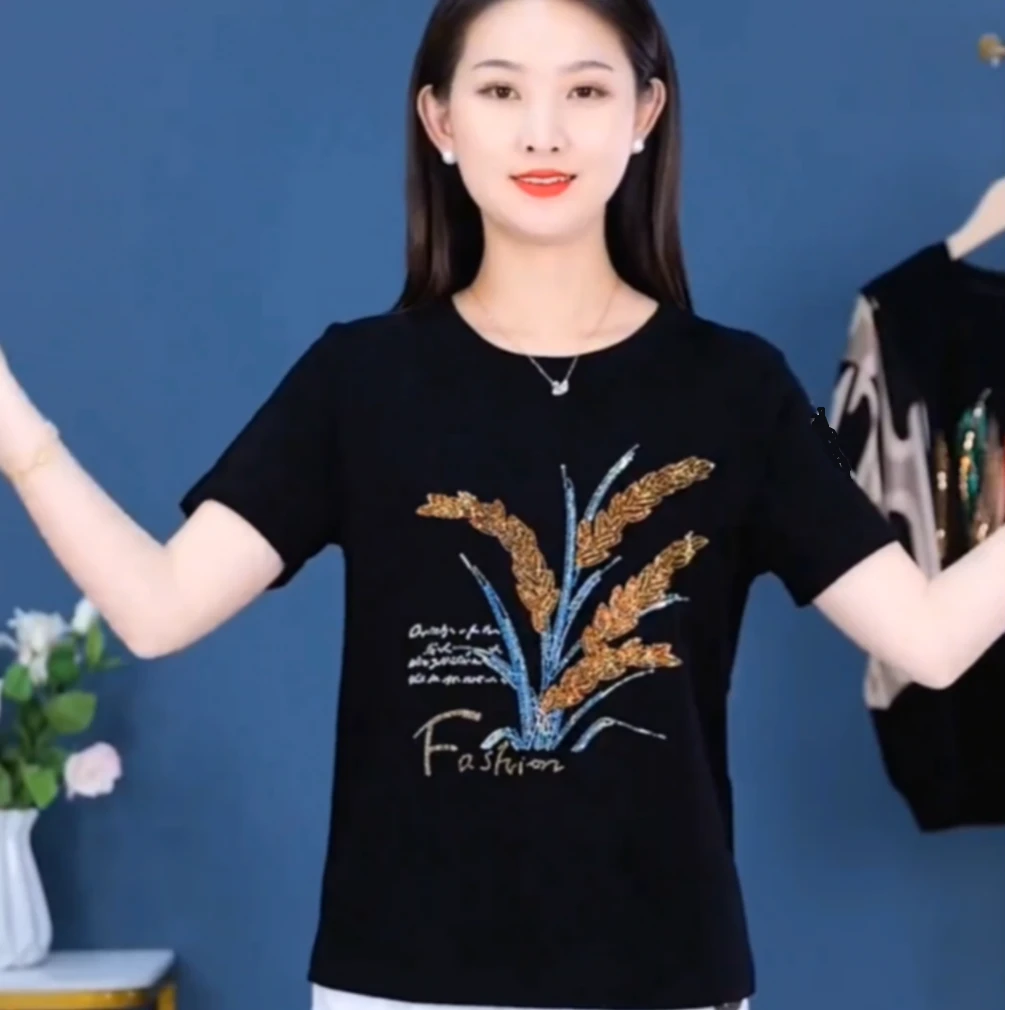 烫钻短袖女夏季女士黑色户外休闲透气时尚潮流圆领宽松女款百搭