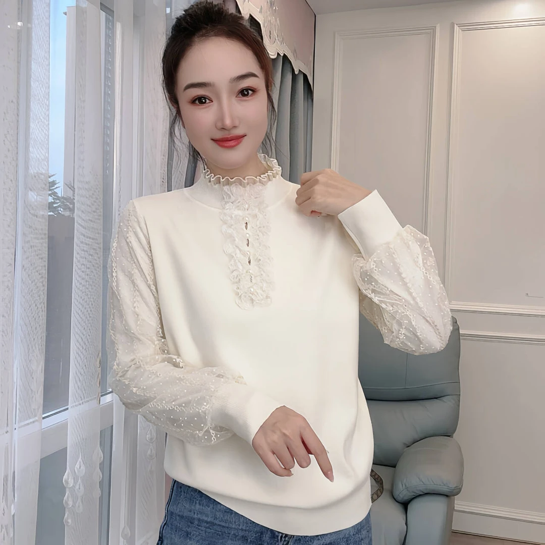 （蕾丝拼接打底衫）90-170斤秋冬软糯女装半高领大码洋气套头内搭