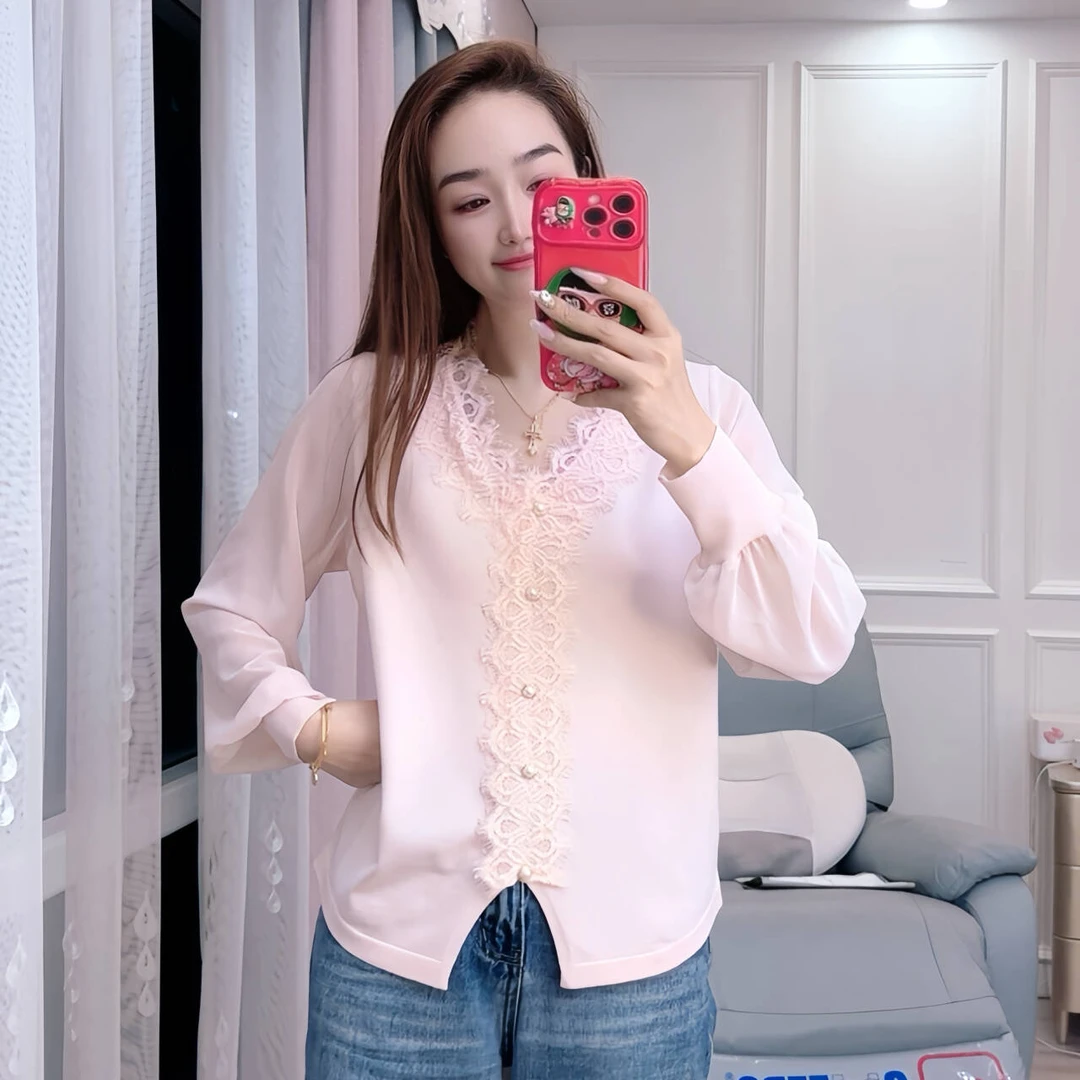 （蕾丝领边拼袖套头）90-170斤春夏针织衫宽松大码女装V领套头显瘦