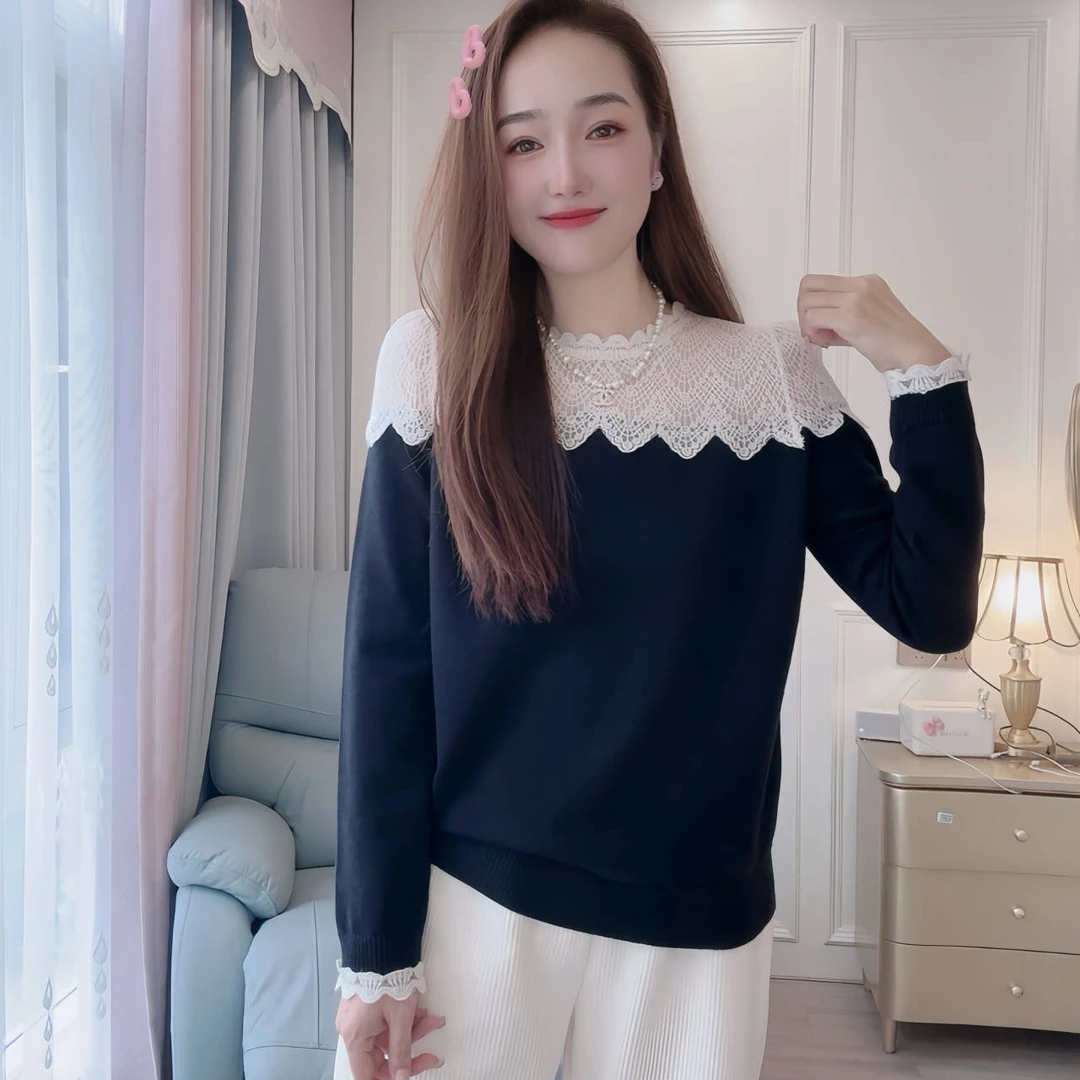 （蕾丝拼接针织衫）90-170斤软糯秋冬上衣宽松气质韩版大码女装