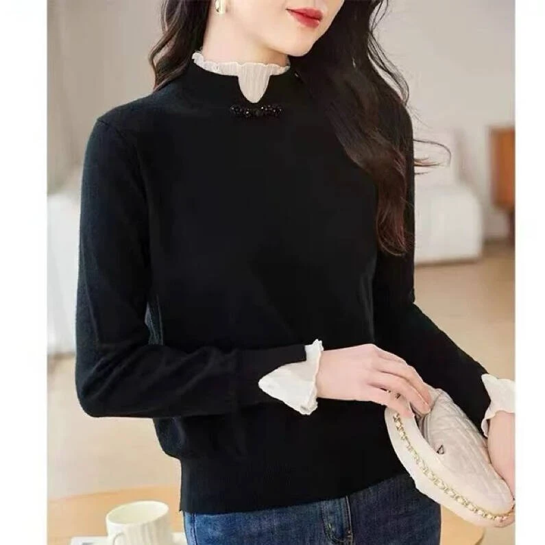 （花边盘扣领打底衫）90-170斤秋冬女装针织衫宽松套头大码内搭