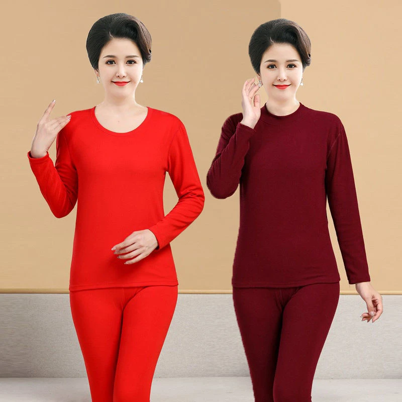 发热德绒保暖内衣中老年妈妈打底半高领防寒老人加绒秋衣秋裤套装