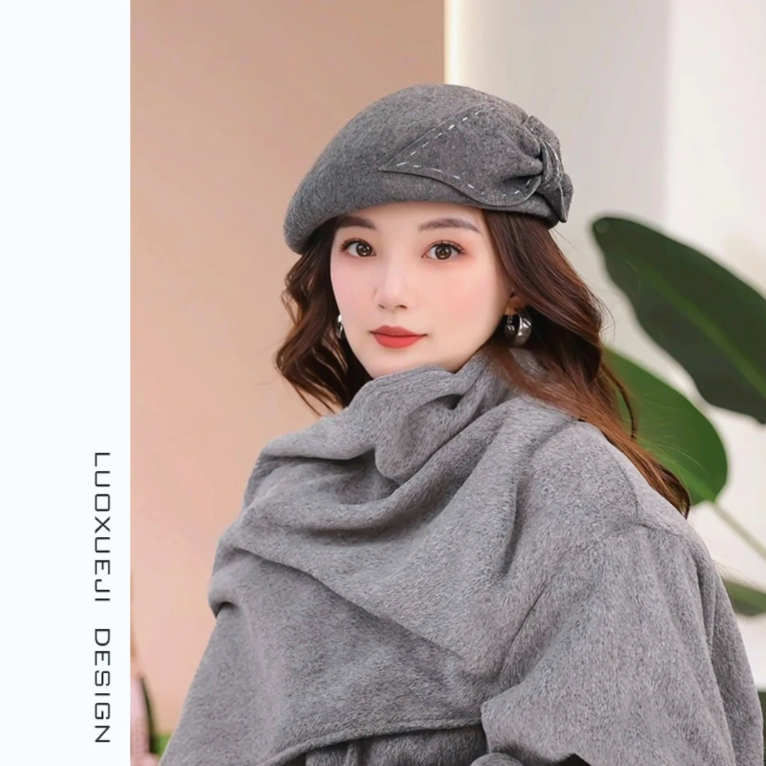 3020羊毛贝雷帽女士秋冬时尚简约百搭蝴蝶结复古气质保暖帽子