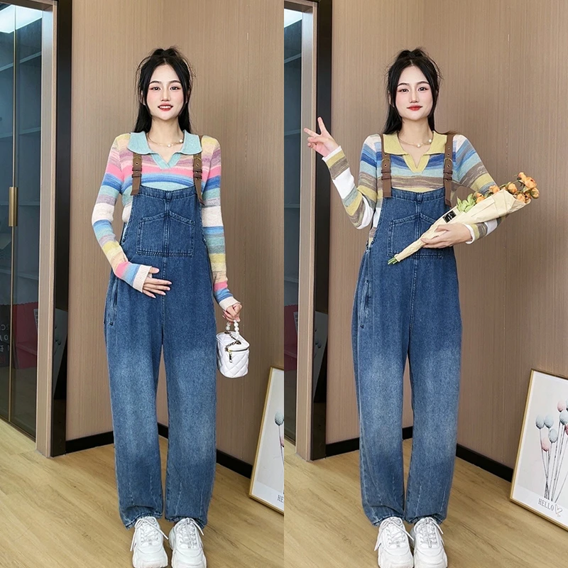 春秋春季时尚减龄条纹孕妇装直筒背带裤子显瘦孕妇裤牛仔背带裤