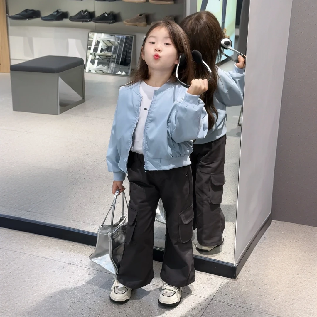 2025春装新款女童韩版简约棒球服外套韩版时髦微喇高腰简约工装裤