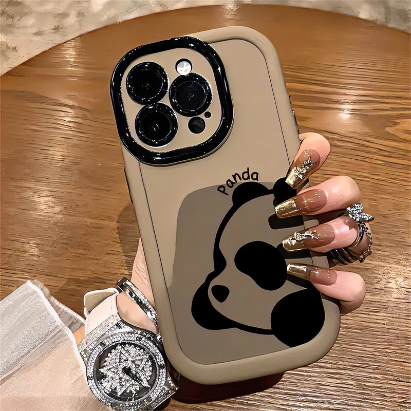 趴趴可爱熊猫苹果13手机壳全包高级感iPhone15简约个性情侣12潮牌