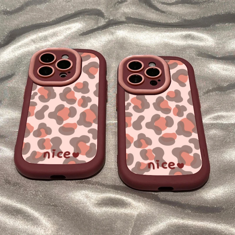 时尚粉豹纹泡芙壳苹果15手机壳全包iphone14promax防摔12简约酒红