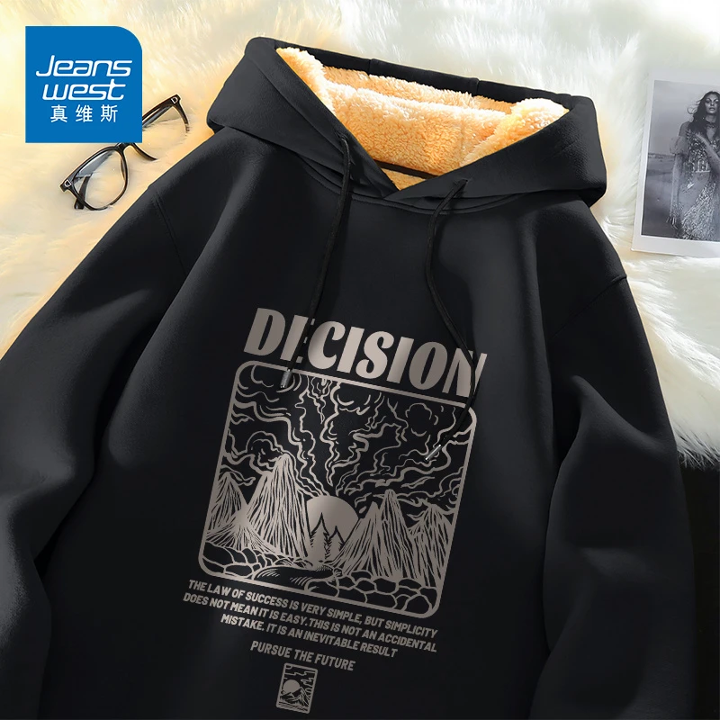 真维斯加绒加厚卫衣男款冬季2023新款美式休闲羊羔绒男士连帽外套