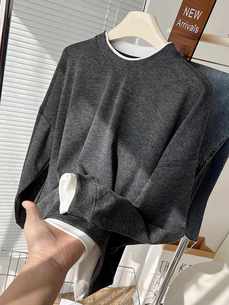 软糯舒适高弹深灰色假两件卫衣休闲长袖宽松宽松百搭时尚纯色韩版