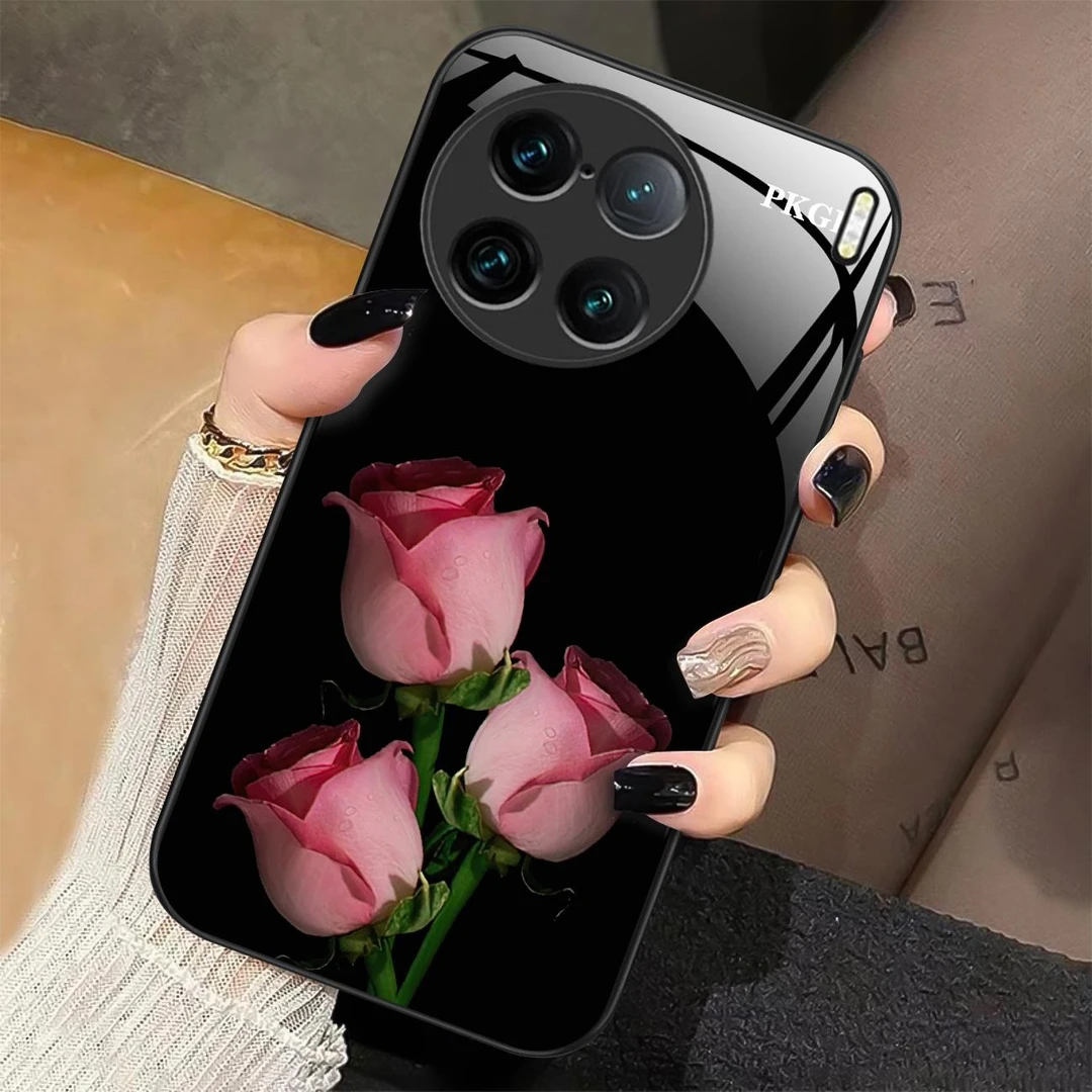 适用【vivo X90】时尚鲜花液态玻璃手机壳 超薄防摔刮 个性简约
