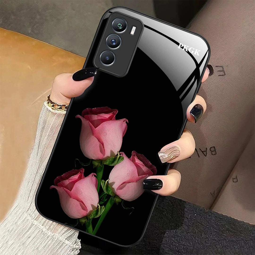 适用【vivo T1】时尚鲜花液态玻璃手机壳 超薄防摔刮 个性简约