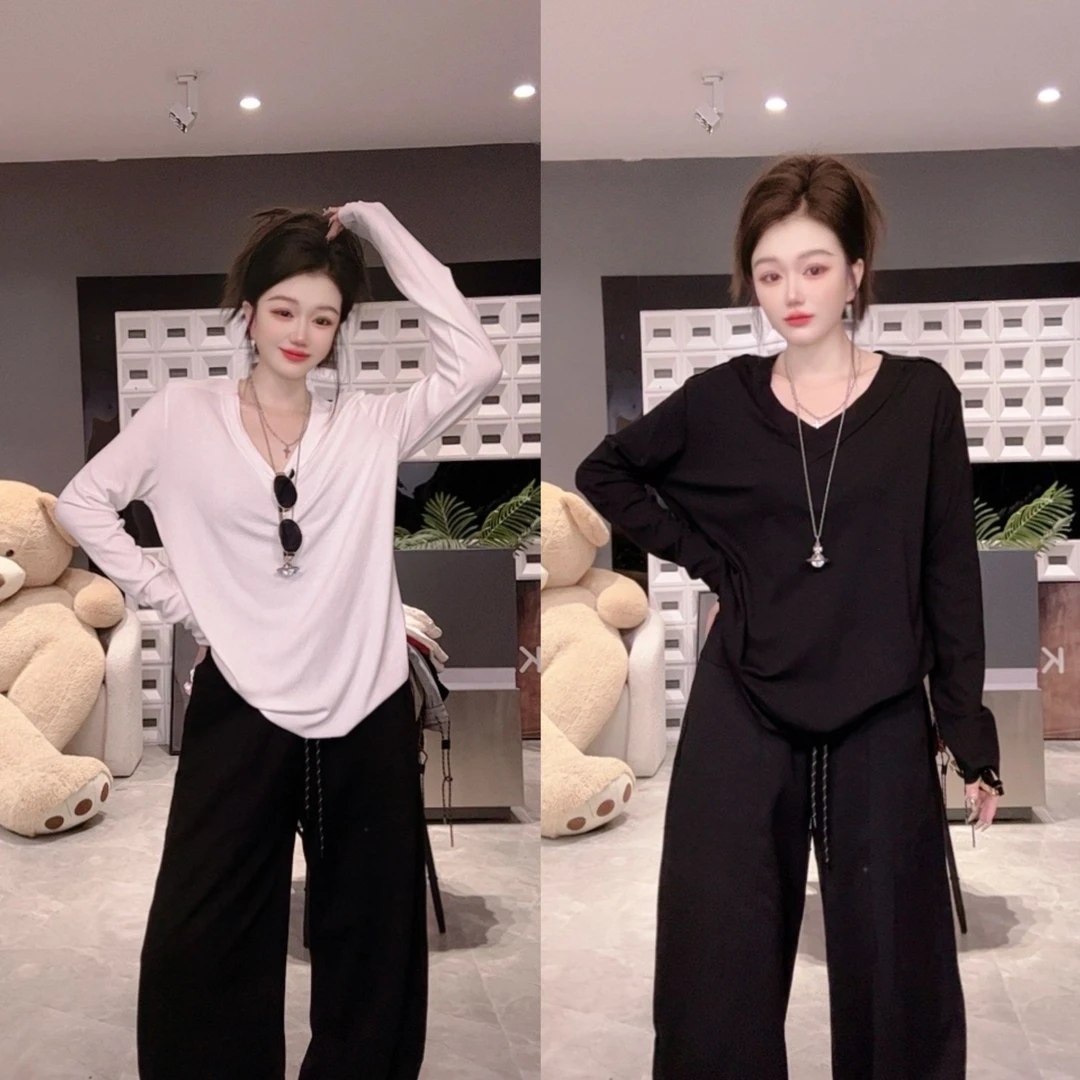 DMlife【纸片人】V领T恤女宽松显瘦洋气低领长袖大领口打底上衣