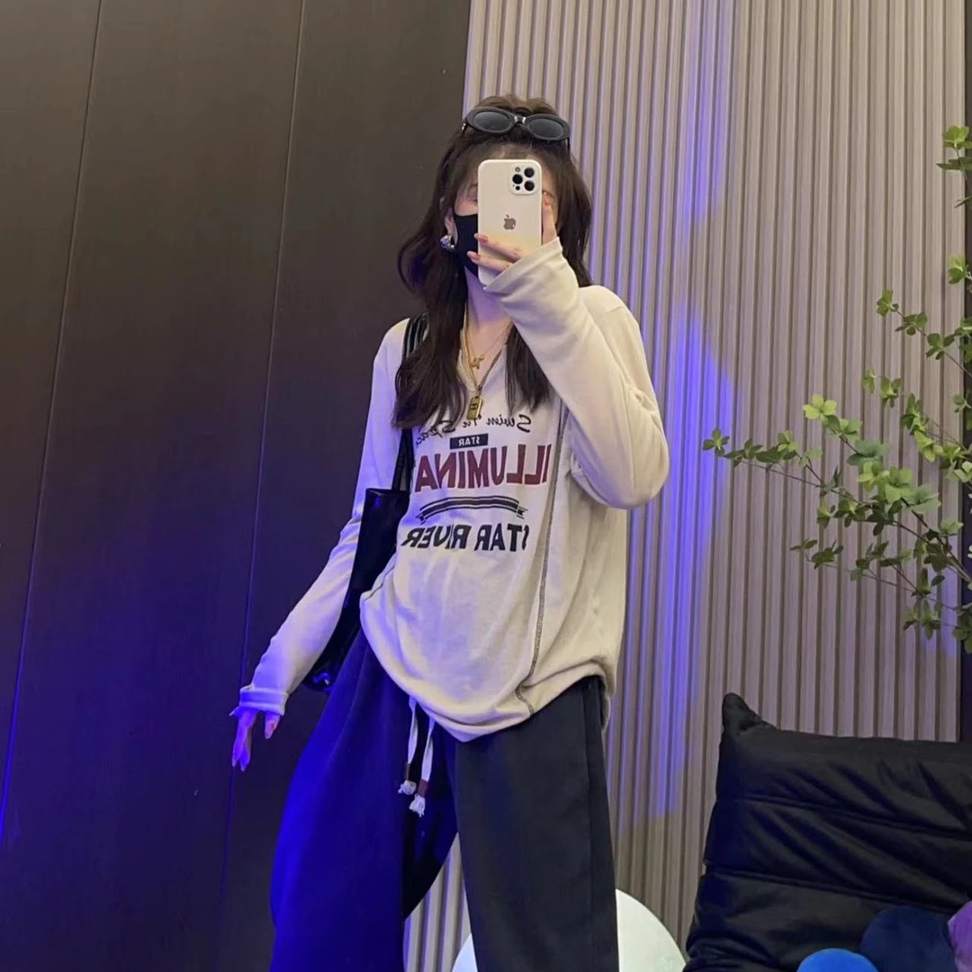 panpan微透打底新款打底女印花百搭显瘦长袖大码上衣V领纯色T恤