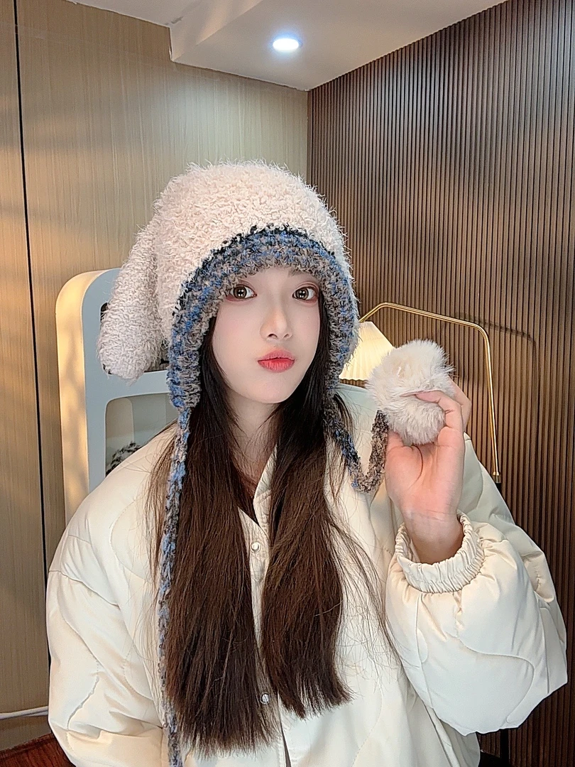 可爱兔子耳朵毛线帽子女2024新款秋冬加厚保暖护耳帽防寒针织帽潮
