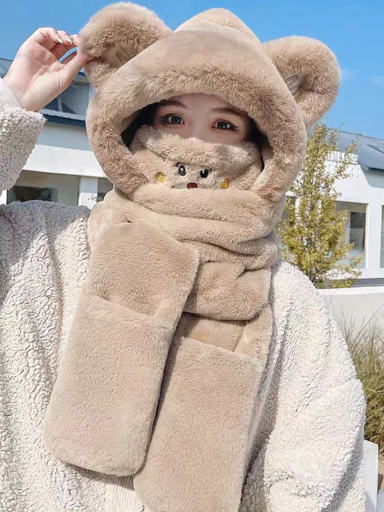 小熊帽子女冬季毛绒保暖加厚骑车防风连帽围脖围巾一体口罩三件套