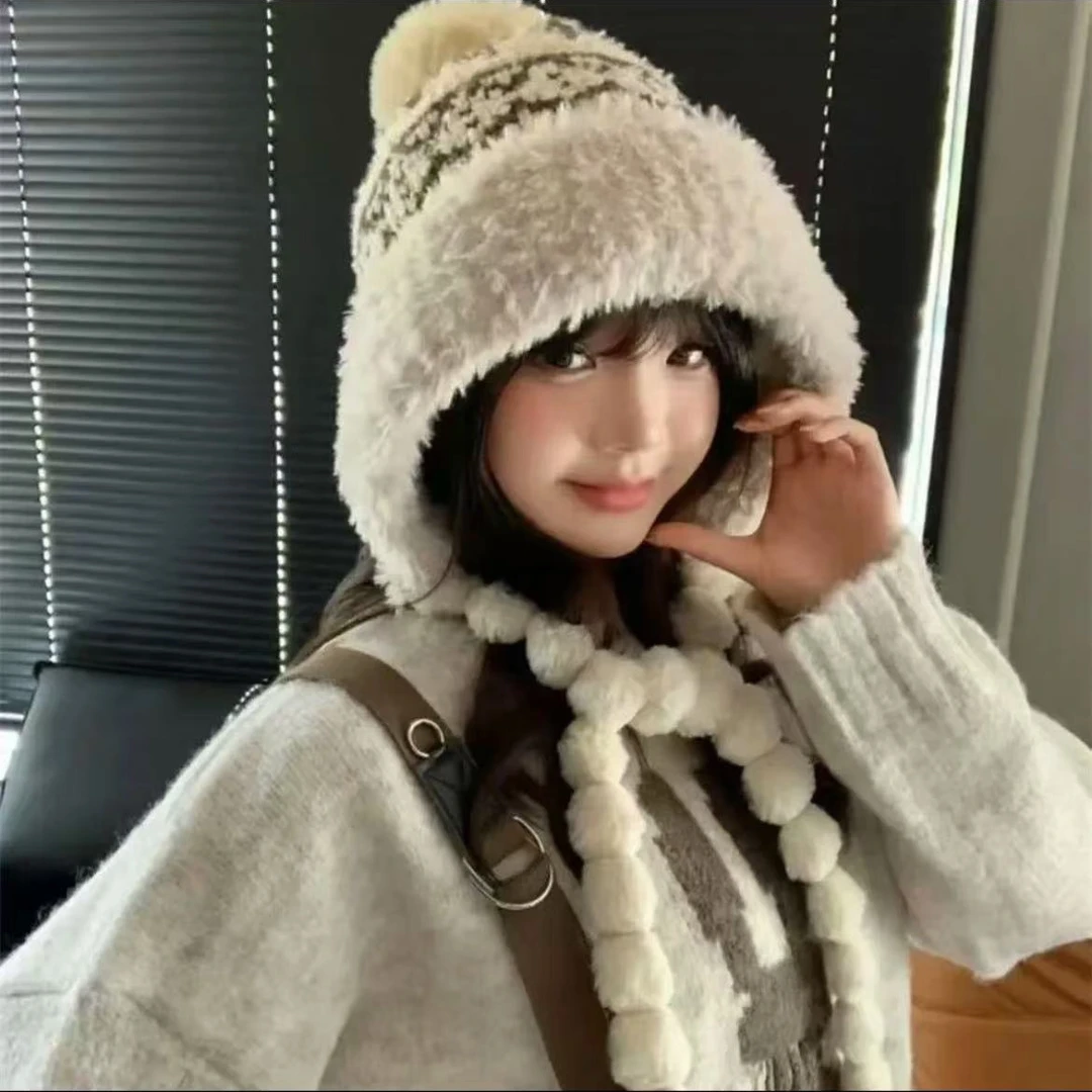 冬季加厚加绒保暖雷锋帽子女针织提花图文东北防寒百搭休闲护耳帽