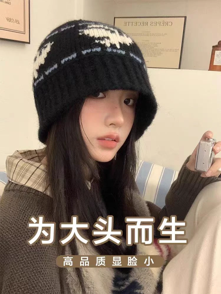 针织渔夫帽大头围毛绒秋冬水桶帽毛线帽大号大码显脸小适合方圆脸