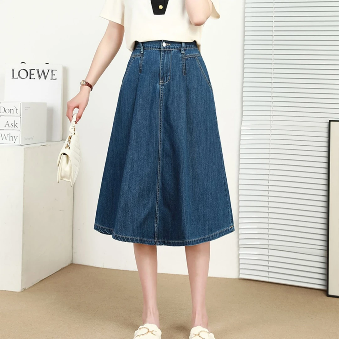 大码牛仔半身裙胖mm夏显瘦遮胯薄款伞裙微胖梨形身材a字中长裙子