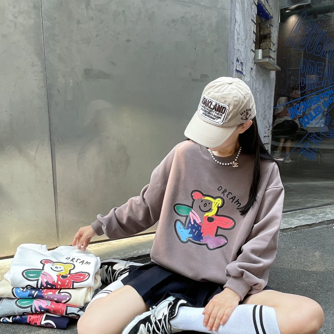 春秋时尚潮流宽松洋气印花长袖纯色秋冬圆领卫衣