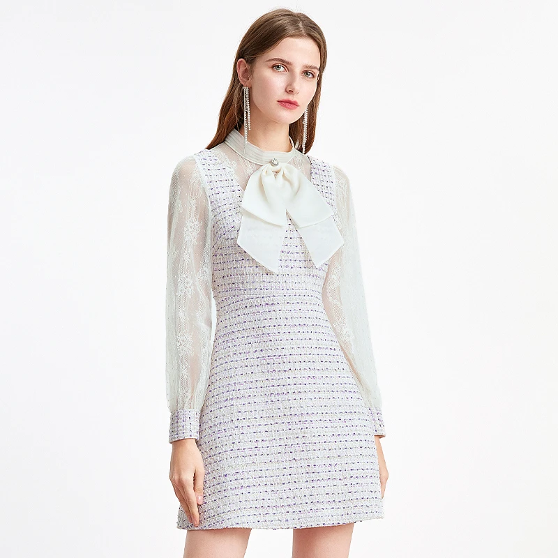 missCOCOON粗花呢裙子春新款女收腰显瘦小香风拼接长袖连衣裙