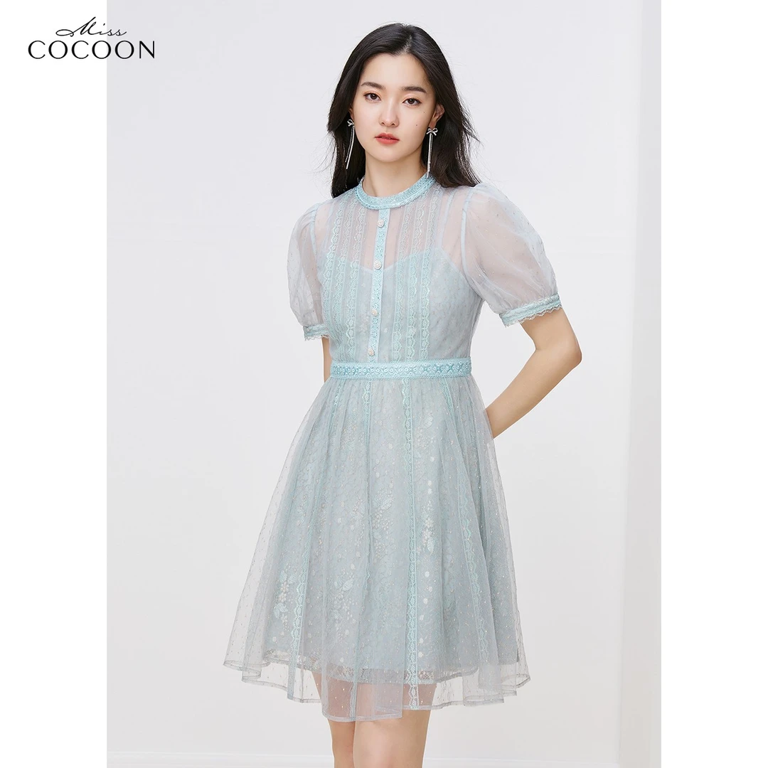 miss COCOON高级气质网纱裙夏新款女优雅刺绣蕾丝网纱连衣裙
