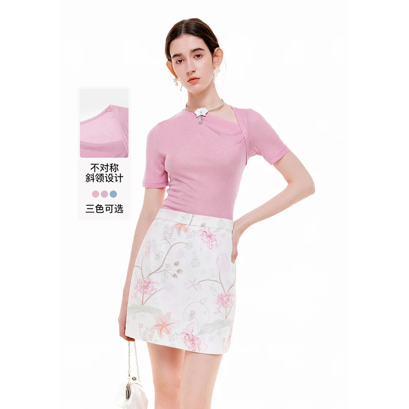 MISSCOCOON【赋美东方】夏新款不对称荡领天丝立体剪裁T恤