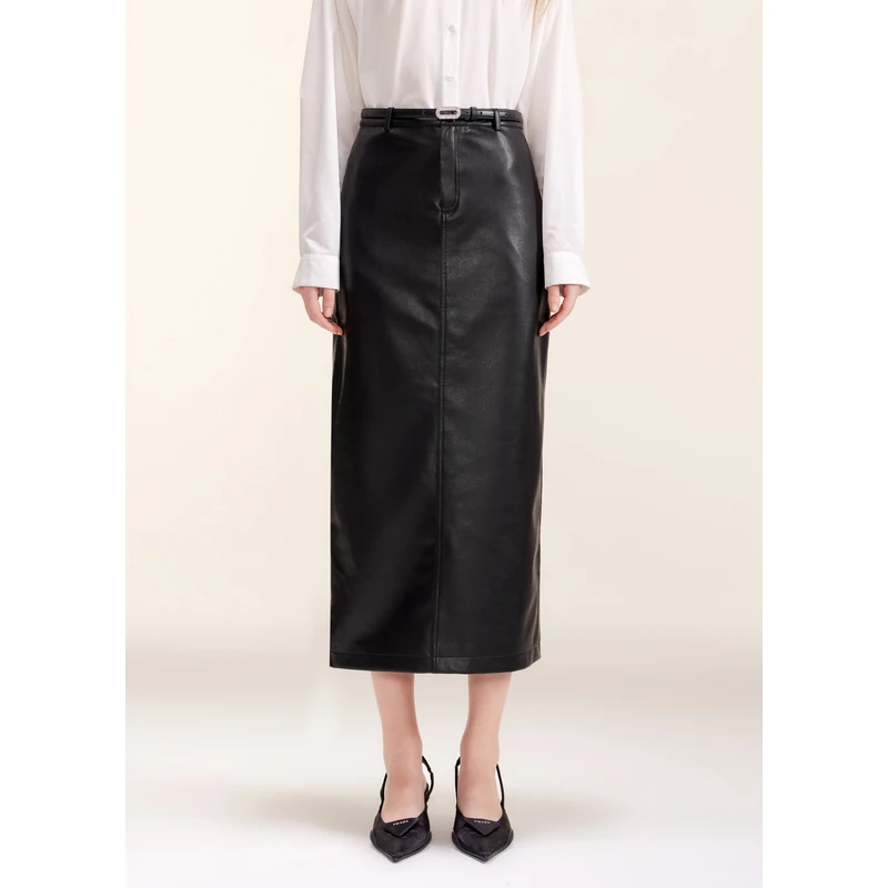 MISSCOCOON【城市幻影】早春新品复古环保皮连腰开衩半身裙