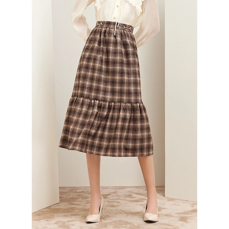 missCOCOON格子裙冬新款女装学院风拼接中长裙高腰半身裙女