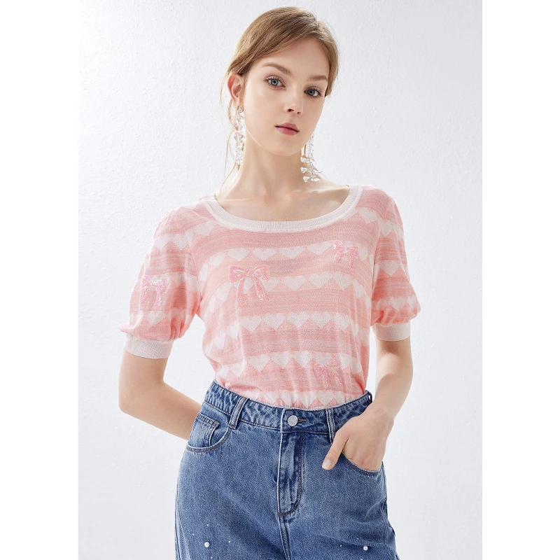 missCOCOON条纹上衣夏新款女装法式浪漫修身圆领撞色针织衫时尚